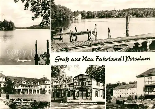 AK / Ansichtskarte Neu_Fahrland Jungfernsee Bootssteg Kliniksanatorium Heinrich Heine HO Gaststaette Parkrestaurant Neubausiedlung Neu_Fahrland