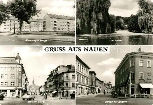 AK / Ansichtskarte Nauen_Havelland Hamburger Strasse Wohnblocks Hochhaeuser Kanal Strassenpartien Innenstadt Nauen_Havelland