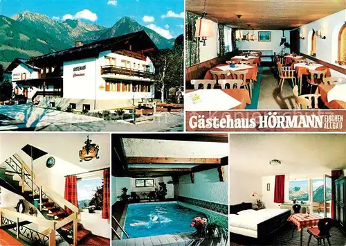 AK / Ansichtskarte Fischen_Allgaeu Gaestehaus Hoermann Gaststube Treppe Hallenbad Gaestezimmer Fischen Allgaeu