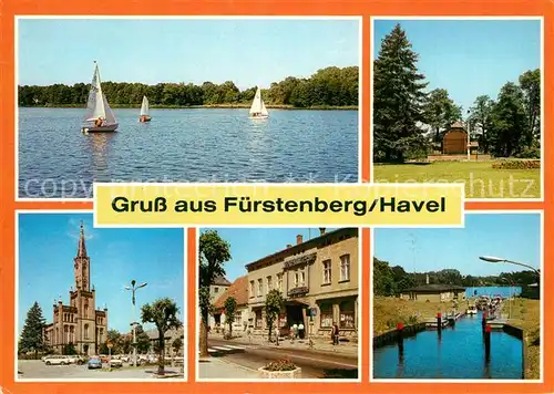 AK / Ansichtskarte Fuerstenberg_Havel Segeln Schwedtsee Musikpavillon Park des Friedens Kirche Markt HO Hotel Mecklenburger Hof Havelschleuse Fuerstenberg_Havel