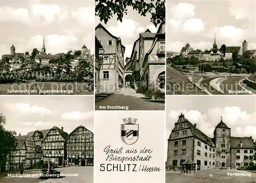 AK / Ansichtskarte Schlitz Teilansicht mit Jugendherberge Marktplatz Brunnen Stadtberg Burgenring Vorderburg Schlitz