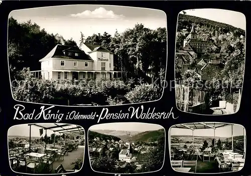 AK / Ansichtskarte Bad_Koenig_Odenwald Pension Waldesruh Restaurant Terrasse Stadtbild mit Kirche Bromsilber Bad_Koenig_Odenwald