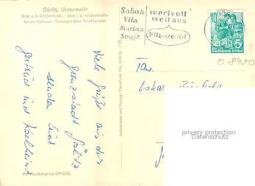 AK / Ansichtskarte Goerlitz_Sachsen Motiv Innenstadt Bruederstrasse Rathaus Kreuzgewoelbe Hirschlauben Goerlitz Sachsen