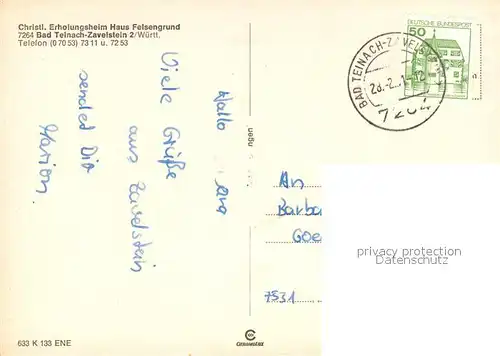 AK / Ansichtskarte Bad_Teinach Zavelstein Christliches Erholungsheim Haus Felsengrund Bad_Teinach Zavelstein