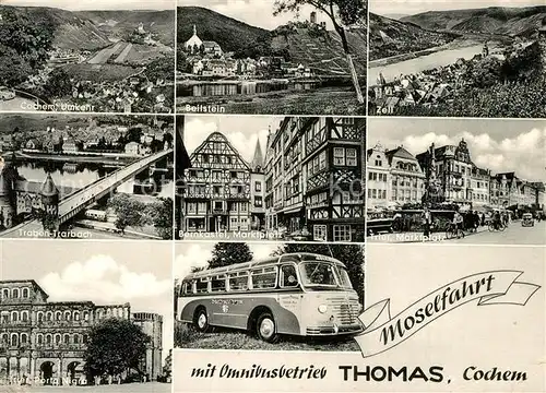AK / Ansichtskarte Cochem_Mosel und Umgebung Panorama Moseltal Fachwerkhaeuser Brunnen Omnibusbetrieb Moselfahrt Cochem Mosel