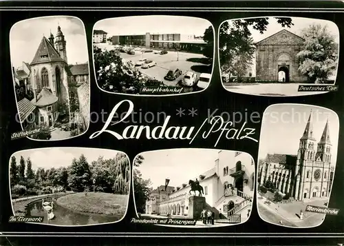 AK / Ansichtskarte Landau_Pfalz Stiftskirche Tierpark Schwaene Bahnhof Deutsches Tor Paradeplatz Prinzregent Denkmal Marienkirche Bromsilber Landau Pfalz