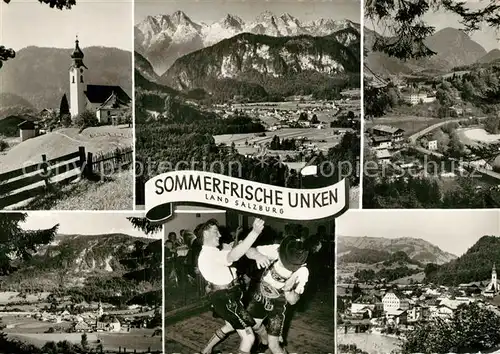 AK / Ansichtskarte Unken Kirche Panorama Schuhplattler Unken