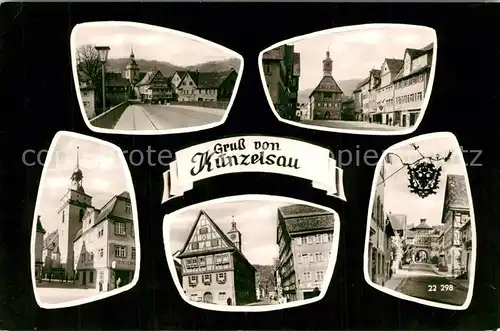AK / Ansichtskarte Kuenzelsau Kocher Bruecke Marktplatz rathaus Altstadt Fachwerkhaeuser Tuerschild Schnurgasse Kuenzelsau