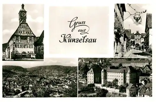 AK / Ansichtskarte Kuenzelsau Rathaus Altstadt Schnurgasse Tuerschild Schloss Stadtpanorama Kuenzelsau