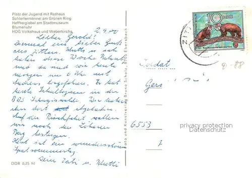 AK / Ansichtskarte Zittau Platz der Jugend Rathaus Schleifermaennel am Gruenen Ring Hefftergiebl Stadtmuseum Blumenuhr HOG Volkshaus Weberkirche Zittau