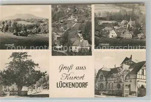 AK / Ansichtskarte Lueckendorf Landschaftspanorama Hochwald Zittauer Gebirge Motiv mit Kirche 1500jaehrige Eiche Kurhaus Lueckendorf