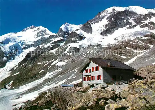 AK / Ansichtskarte Pontresina Bovalhuette Berghaus mit Piz Bernina und Piz Morteratsch Bernina Alpen Pontresina