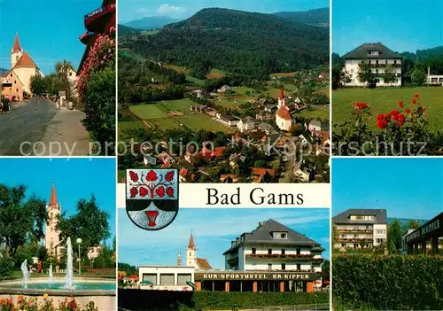 AK / Ansichtskarte Bad_Gams Teilansichten Kirche Springbrunnen Kurhotel Fliegeraufnahme Bad_Gams