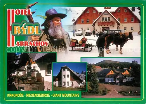 AK / Ansichtskarte Krkonose Hotel Rydl Arrachov Pferdeschlitten Balkon Haeuser Krkonose