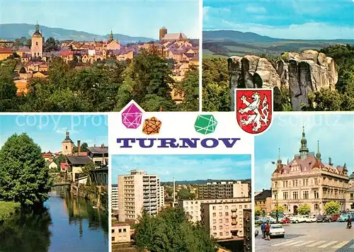 AK / Ansichtskarte Turnov Stadtpanorama Gebaeude Innenstadt Hochhaeuser Partie am Wasser Landschaftspanorama Felsen Turnov