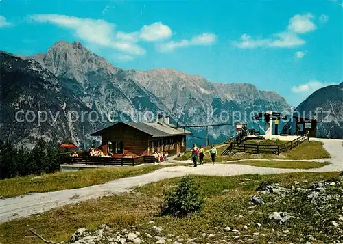 AK / Ansichtskarte Weidach_Leutasch Sommerfrische Bergrestaurant Terrasse Katzenkopfhuette Bergstation Sesselbahn gegen Wettersteingebirge Weidach_Leutasch