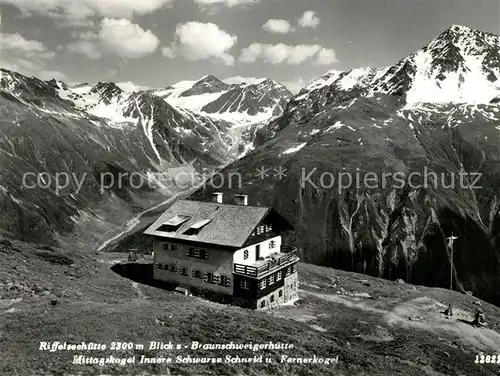 AK / Ansichtskarte Riffelseehuette_Tirol mit Braunschweigerhuette Mittagskogel Innere Schwarze Schneid und Fernerkogel Riffelseehuette Tirol