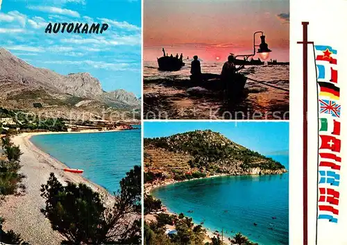 AK / Ansichtskarte Makarska_Dalmatien Autokamp Badestrand Kueste Fischerboote Sonnenuntergang Flaggen Makarska Dalmatien
