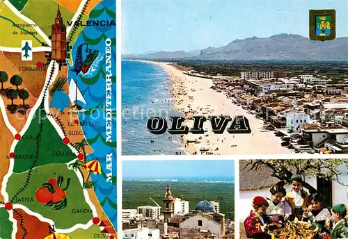 AK / Ansichtskarte Oliva_Valencia Landkarte Ortsmotiv mit Kirche Paella Kuestenpanorama Strand Fliegeraufnahme Oliva_Valencia