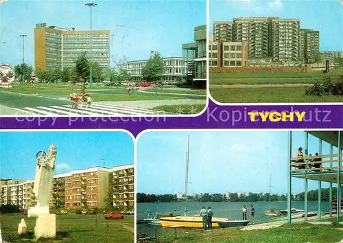 AK / Ansichtskarte Tychy Hochhaeuser Wohnsiedlung Denkmal Partie am See Tychy