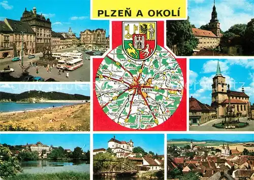 AK / Ansichtskarte Plzen_Pilsen a Okoli Innenstadt Kirche Schloss See Landkarte Wappen Plzen Pilsen