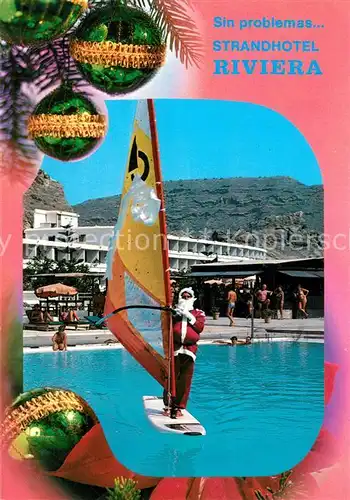 AK / Ansichtskarte Gran_Canaria Strandhotel Riviera Swimming Pool Weihnachtsmann Surfbrett Weihnachtskarte Neujahrskarte Gran Canaria