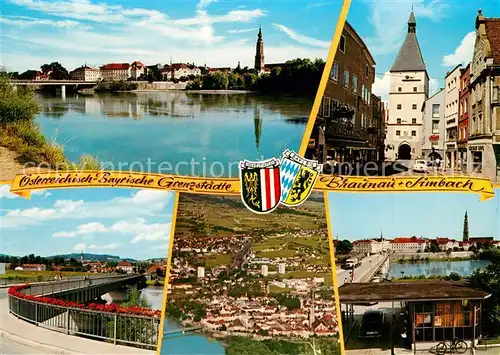 AK / Ansichtskarte Braunau_Inn Blick ueber den Inn von Simbach aus Linzergasse Stadtturm Bruecke Braunau Simbach bayrisch oesterreichische Zollstelle Braunau Inn