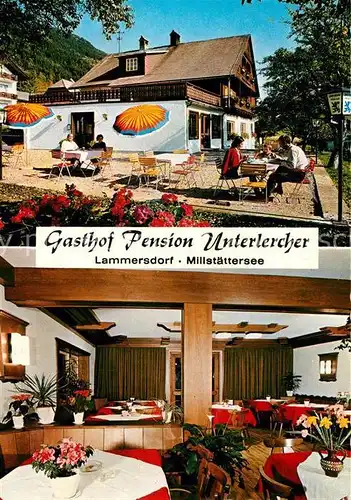 AK / Ansichtskarte Millstatt_Millstaettersee Gasthof Pension Unterlercher Gastraum Terrasse Millstatt_Millstaettersee