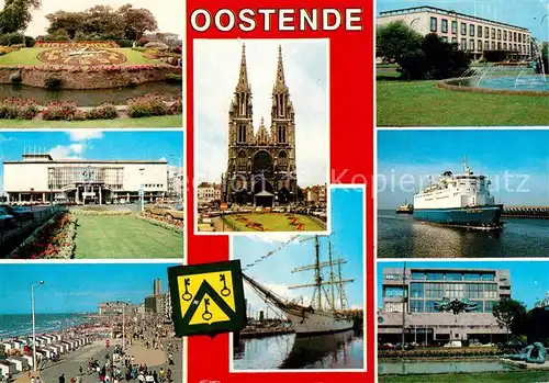 AK / Ansichtskarte Oostende_Ostende Blumenuhr Strand Promenade Kirche Kursaal Fahrgastschiff 