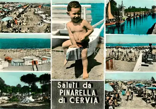 AK / Ansichtskarte Pinarella_di_Cervia Strand Campingplatz Kleiner Junge Hafen Fischkutter Pinarella_di_Cervia