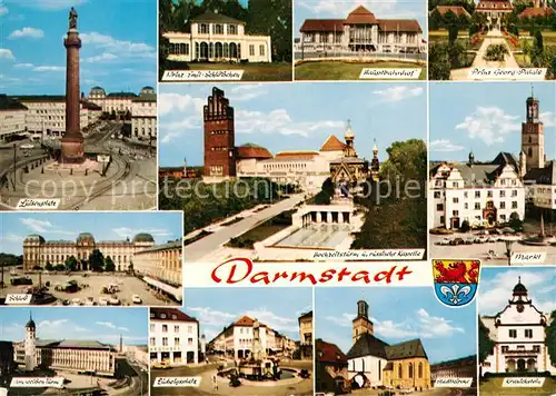 AK / Ansichtskarte Darmstadt Luisenplatz Ludwigsdenkmal Schloss Weisser Turm Schloesschen Bahnhof Hochzeitsturm russische Kapelle Prinz Georg Palais Markt Kirche Kranichstein Darmstadt