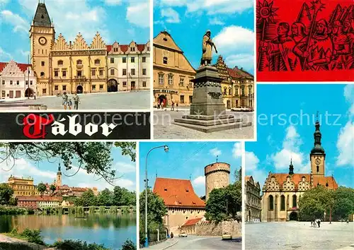 AK / Ansichtskarte Tabor_Suedboehmen Marktplatz Denkmal Kirche Stadtmauer Turm Uferpartie am Wasser Tabor Suedboehmen