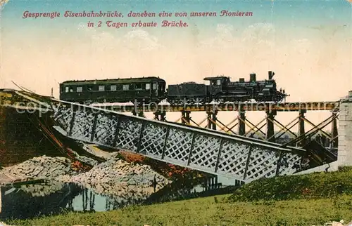 AK / Ansichtskarte Lokomotive Gesprengte Eisenbahnbr?cke Pioniere  