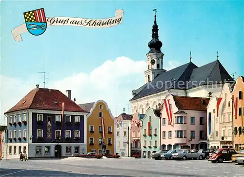 AK / Ansichtskarte Schaerding_Inn Stadtplatz mit Stadtbrunnen und Kirche Schaerding Inn