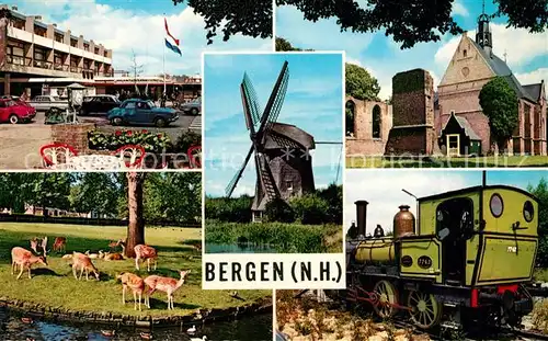 AK / Ansichtskarte Bergen_Nordholland Windmuehle Kirche Wildpark Eisenbahn Bergen_Nordholland