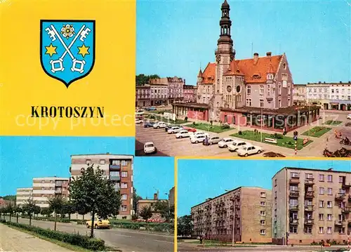 AK / Ansichtskarte Krotoszyn Prawa miejskie Wladyslawa Jagielly dla Wiezbiety Miasto Mariana Langiewicza Obecnie wazny Ratusz z barokowa wieza Nowe osiedla Krotoszyn