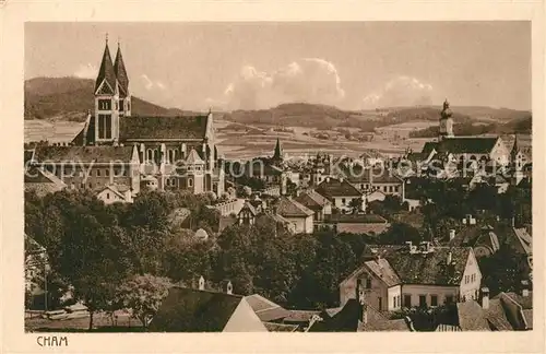 AK / Ansichtskarte Cham_Oberpfalz Stadtbild mit Kirchen Cham Oberpfalz