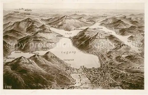 AK / Ansichtskarte Lugano_Lago_di_Lugano und Umgebung aus der Vogelperspektive Kuenstlerkarte Lugano_Lago_di_Lugano