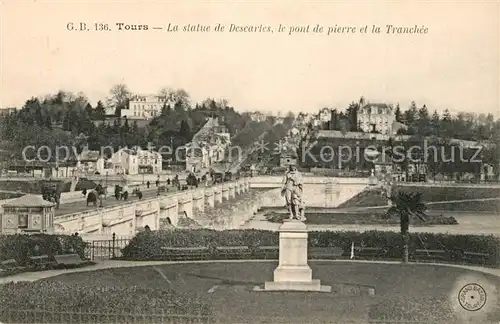 AK / Ansichtskarte Tours_Indre et Loire Monument Statue de Descartes Pont de pierre et la Tranchee Tours Indre et Loire