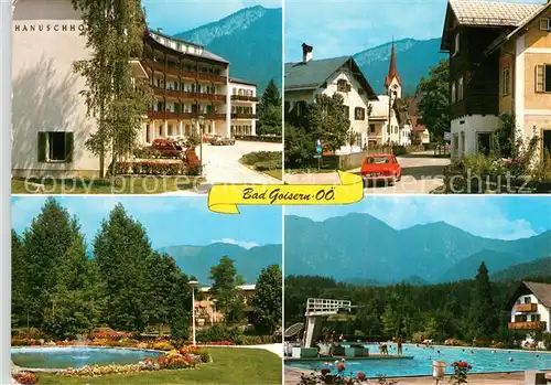 AK / Ansichtskarte Bad_Goisern_Salzkammergut Hanuschhof Dorfpartie Brunnen Schwimmbad Bad_Goisern_Salzkammergut