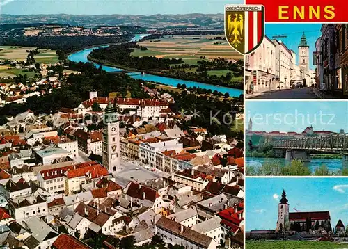 AK / Ansichtskarte Enns Fliegeraufnahme mit Stadtturm Bruecke Kirche Enns