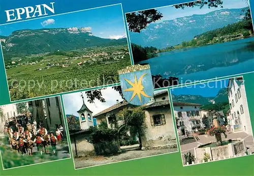 AK / Ansichtskarte Eppan_Suedtirol Panorama Montiggler See Trachtenumzug Ansitz Dorfbrunnen am Rathausplatz Eppan Suedtirol