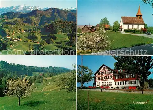 AK / Ansichtskarte Sternenberg_ZH Restaurant Sunnebad Haus der Stille Kirche Baumbluete Landschaftspanorama Alpen Sternenberg ZH