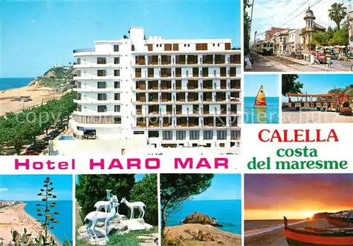 AK / Ansichtskarte Calella Hotel Haro Mar Kueste Strand Touristenbahn Statuen Windsurfen Calella