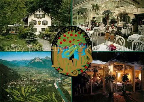 AK / Ansichtskarte Bad_Ragaz Wirtschaft Zum Paradies Restaurant Alpenpanorama Fliegeraufnahme Bad_Ragaz