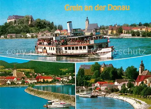 AK / Ansichtskarte Grein_Donau_Oberoesterreich Fahrgastschiff Damm Schiffsanlegestelle Grein_Donau