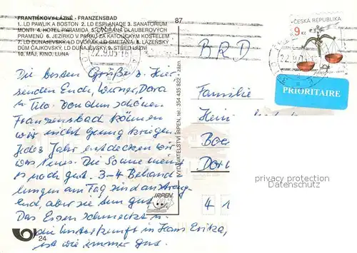 AK / Ansichtskarte Frantiskovy_Lazne Pawlik a Boston Esplanade Sanatorium Monti Hotel Pyramida Jezirko v parki Dunajevsky Dvorak Smetana Lazensky Dum Cajokovsky Dunajevsky Stred Lazni Maj Kino Luna Frantiskovy_Lazne