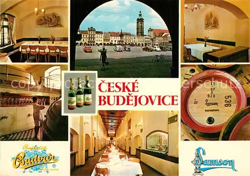 AK / Ansichtskarte Ceske_Budejovice Martkplatz mit Schwarzem Turm Budweis Brauerei Restaurant Samson Ceske Budejovice