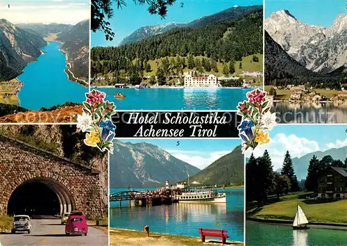 AK / Ansichtskarte Achensee Hotel Scholastika Bootsanleger Fahrgastschiff Segeln Tunnel Alpenpanorama Achensee