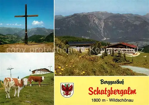 AK / Ansichtskarte Thierbach_Wildschoenau Berggasthof Schatzbergalm Gipfelkreuz Almvieh Kuehe Alpenpanorama Thierbach Wildschoenau